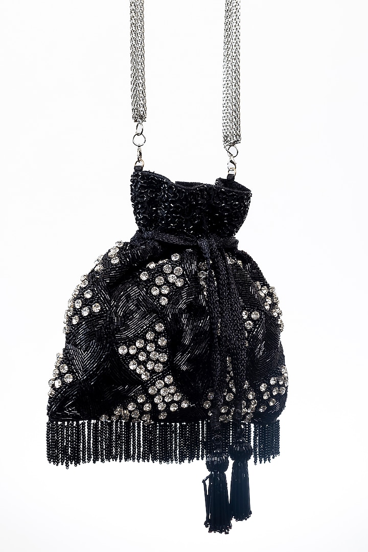 Black Raw Silk Embellished Potli by SG BY SONIA GULRAJANI at Pernia's Pop Up Shop