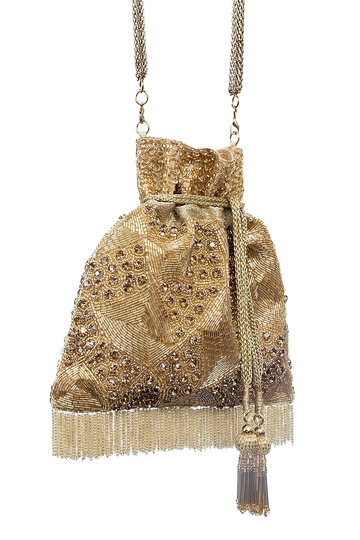 Gold Raw Silk Embellished Potli by SG BY SONIA GULRAJANI at Pernia's Pop Up Shop