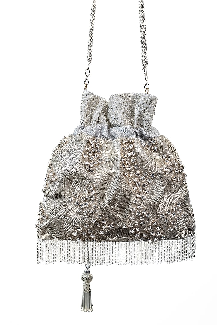 Silver Raw Silk Embellished Potli by SG BY SONIA GULRAJANI at Pernia's Pop Up Shop