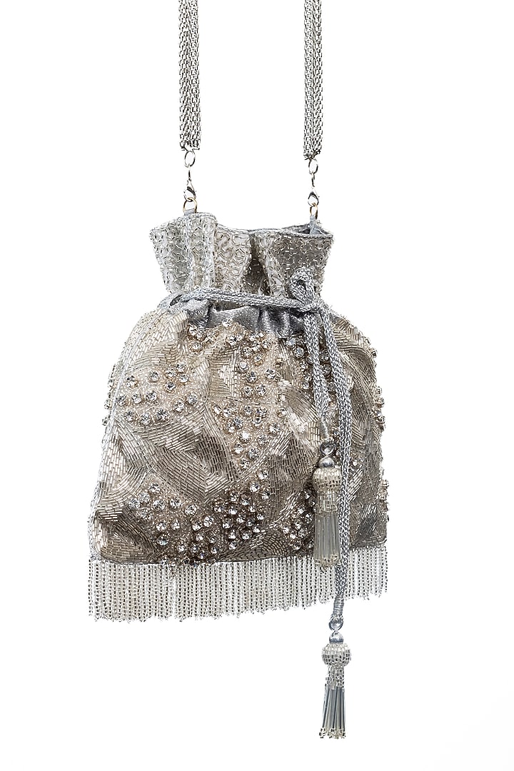 Silver Raw Silk Embellished Potli by SG BY SONIA GULRAJANI at Pernia's Pop Up Shop