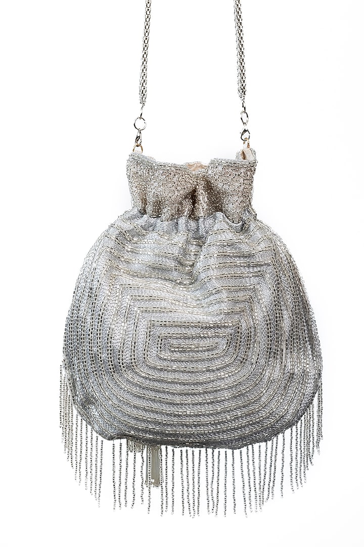 Silver Raw Silk Embellished Potli by SG BY SONIA GULRAJANI at Pernia's Pop Up Shop