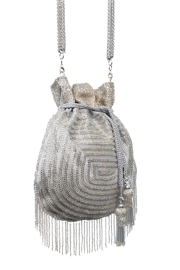 Silver Raw Silk Embellished Potli by SG BY SONIA GULRAJANI at Pernia's Pop Up Shop