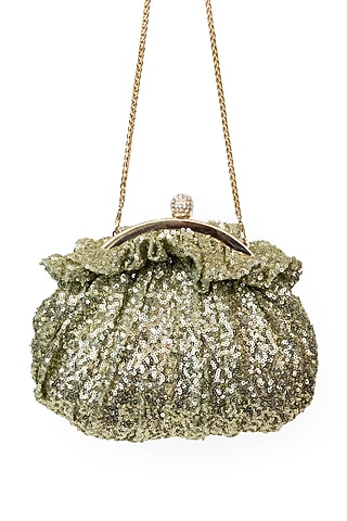 Tea Green Soft Sequins Crystal Embellished Starlit Pouchette Bag by SG BY SONIA GULRAJANI