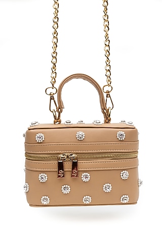 Beige Leather Pear Hand Embroidered Structured Bag by SG BY SONIA GULRAJANI