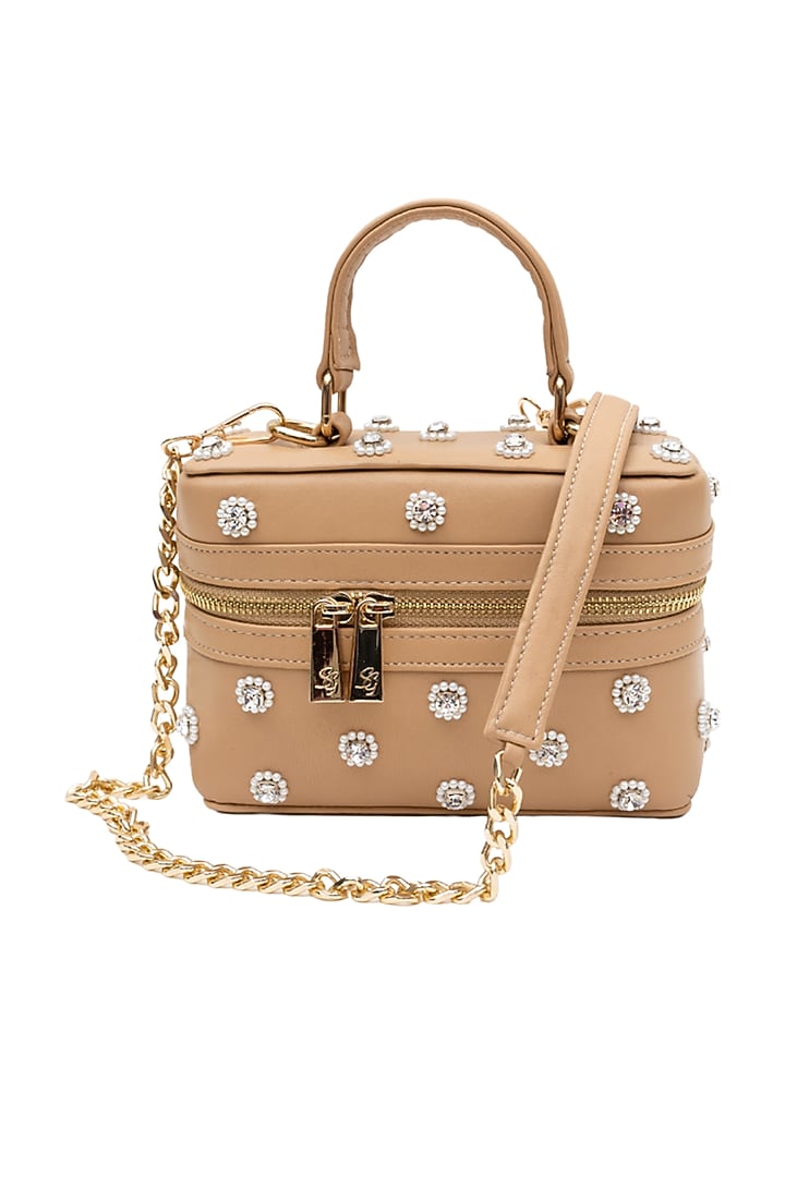 Beige Leather Pear Hand Embroidered Structured Bag by SG BY SONIA GULRAJANI at Pernia's Pop Up Shop