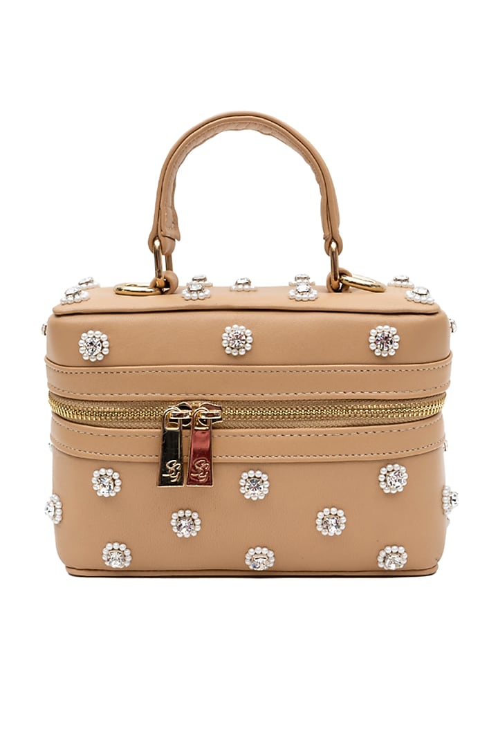 Beige Leather Pear Hand Embroidered Structured Bag by SG BY SONIA GULRAJANI at Pernia's Pop Up Shop
