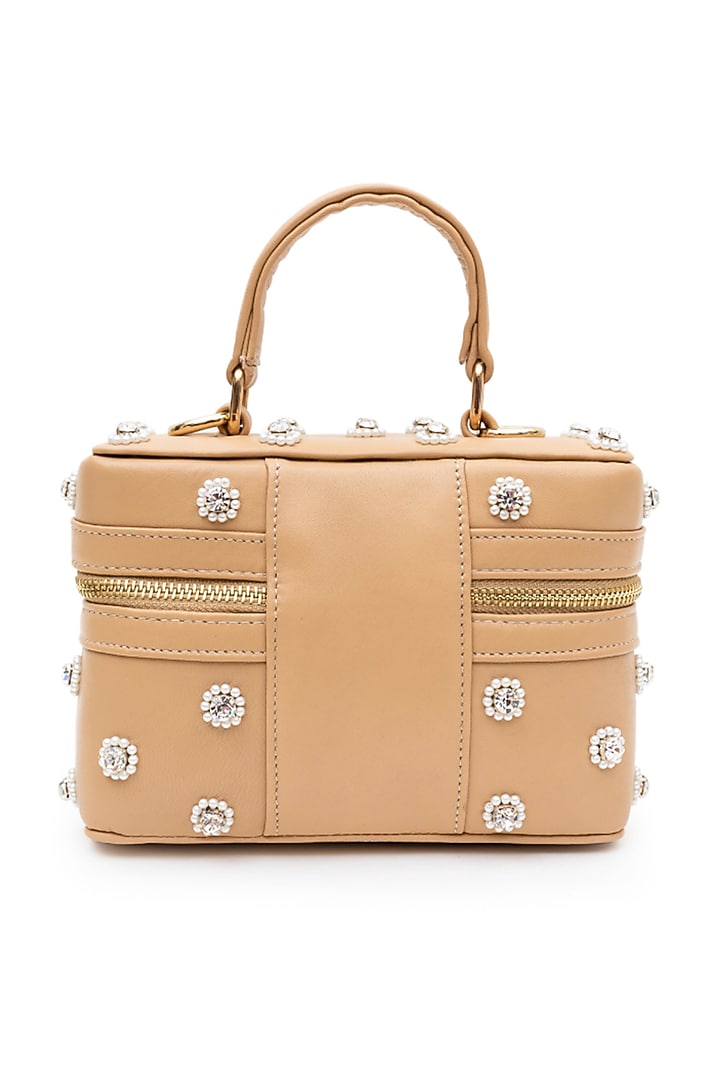 Beige Leather Pear Hand Embroidered Structured Bag by SG BY SONIA GULRAJANI at Pernia's Pop Up Shop
