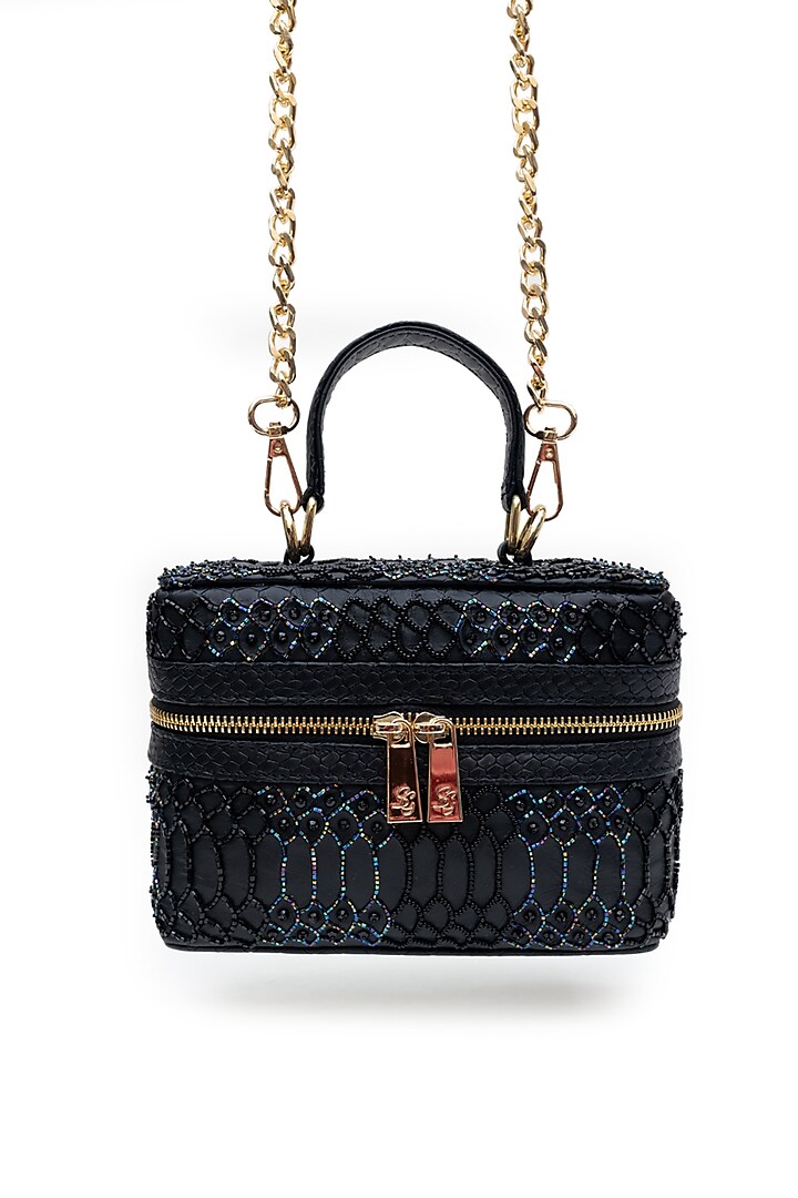 Black Leather Pear Hand Embroidered Structured Bag by SG BY SONIA GULRAJANI at Pernia's Pop Up Shop