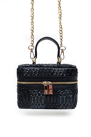 Black Leather Pear Hand Embroidered Structured Bag by SG BY SONIA GULRAJANI