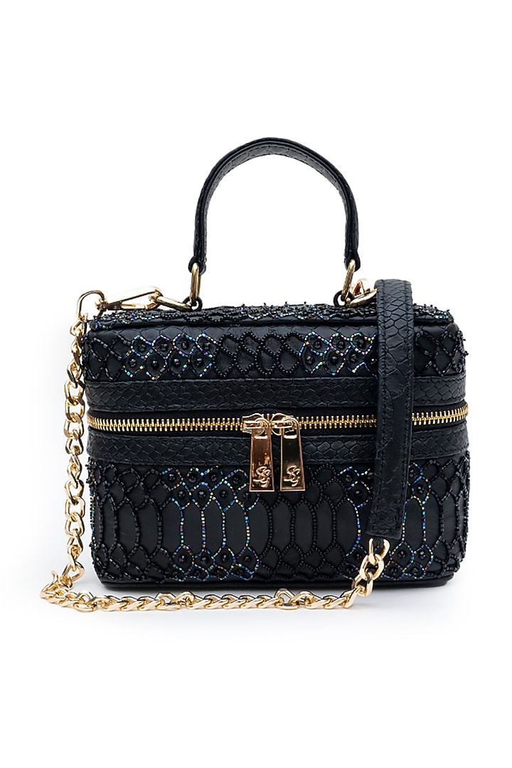 Black Leather Pear Hand Embroidered Structured Bag by SG BY SONIA GULRAJANI at Pernia's Pop Up Shop