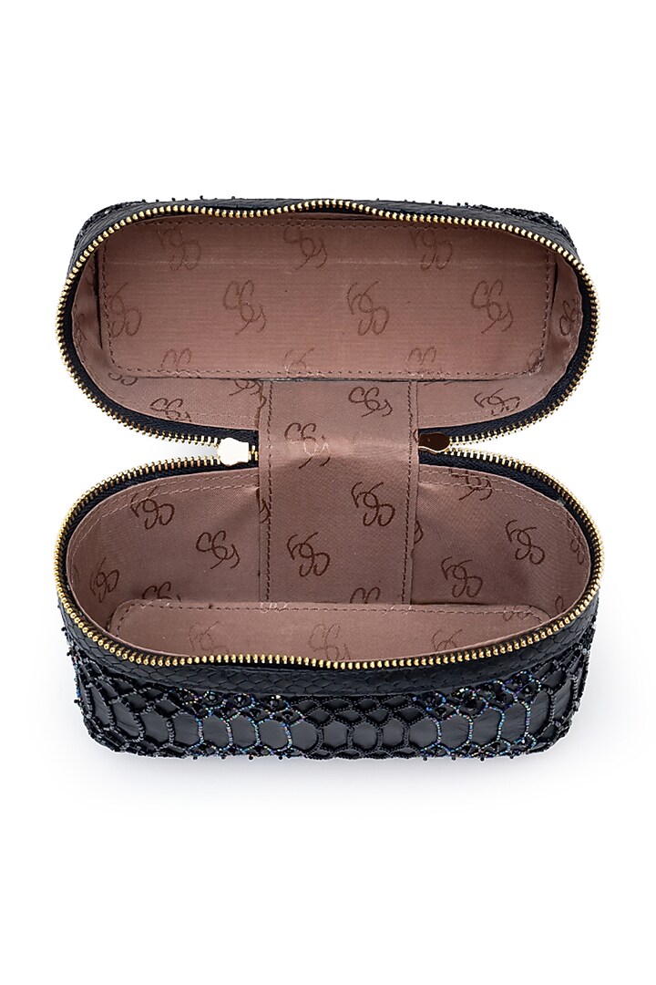 Black Leather Pear Hand Embroidered Structured Bag by SG BY SONIA GULRAJANI at Pernia's Pop Up Shop