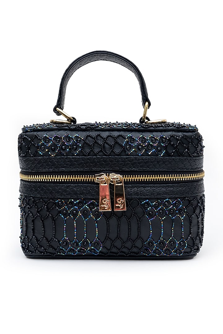 Black Leather Pear Hand Embroidered Structured Bag by SG BY SONIA GULRAJANI at Pernia's Pop Up Shop