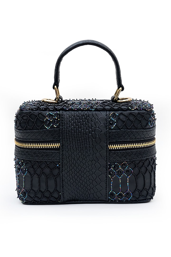 Black Leather Pear Hand Embroidered Structured Bag by SG BY SONIA GULRAJANI at Pernia's Pop Up Shop