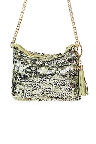 Green Sequins & Tweed Embroidered Sling Bag by SG BY SONIA GULRAJANI