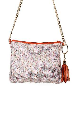 Orange Sequins & Tweed Embroidered Sling Bag by SG BY SONIA GULRAJANI