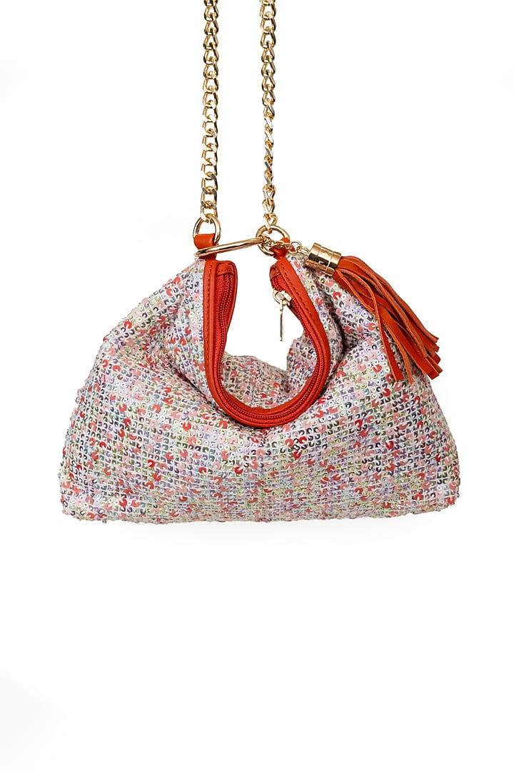 Orange Sequins & Tweed Embroidered Sling Bag by SG BY SONIA GULRAJANI at Pernia's Pop Up Shop