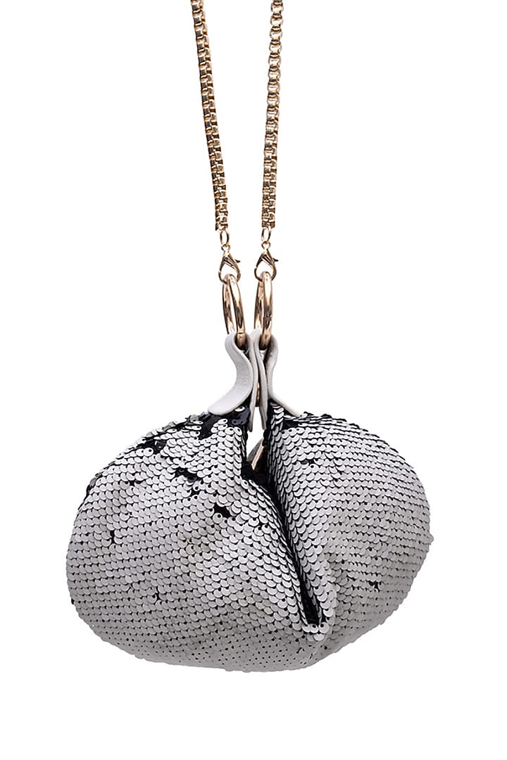 Black Sheer Net Sequins Embroidered Reversible Sling Bag by SG BY SONIA GULRAJANI at Pernia's Pop Up Shop