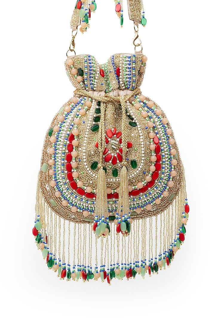 Gold Soft Velvet Floral Motifs Embroidered Handcrafted Potli by SG BY SONIA GULRAJANI at Pernia's Pop Up Shop