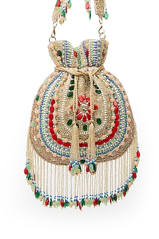 Gold Soft Velvet Floral Motifs Embroidered Handcrafted Potli by SG BY SONIA GULRAJANI