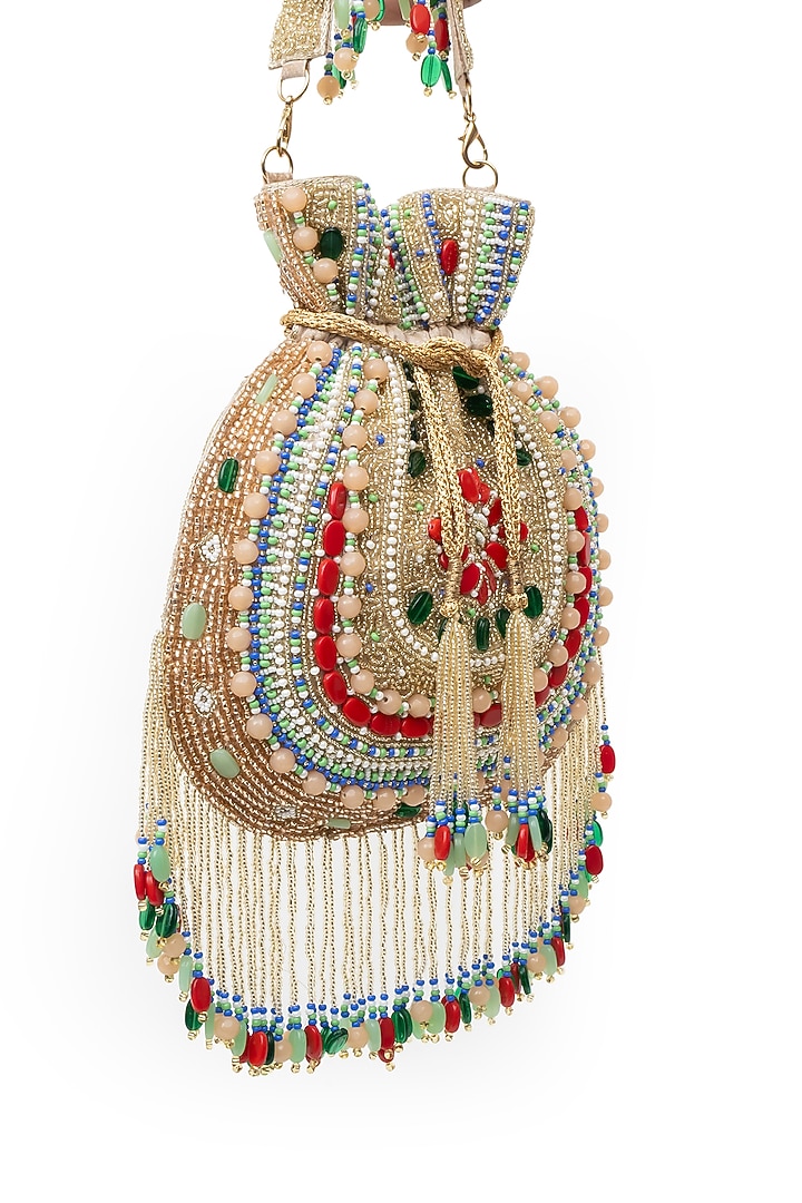Gold Soft Velvet Floral Motifs Embroidered Handcrafted Potli by SG BY SONIA GULRAJANI at Pernia's Pop Up Shop
