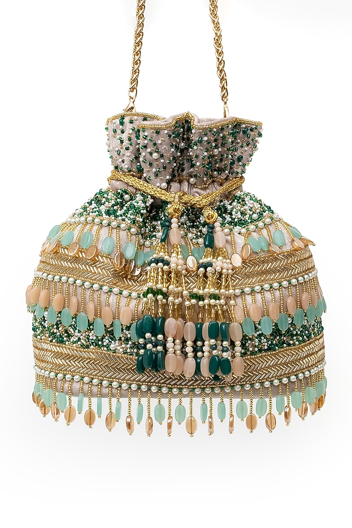 Gold Soft Velvet & Silk Zardosi Thread Work Handcrafted Potli by SG BY SONIA GULRAJANI at Pernia's Pop Up Shop