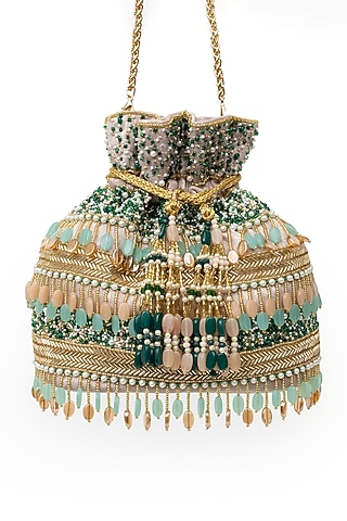 Gold Soft Velvet & Silk Zardosi Thread Work Handcrafted Potli by SG BY SONIA GULRAJANI