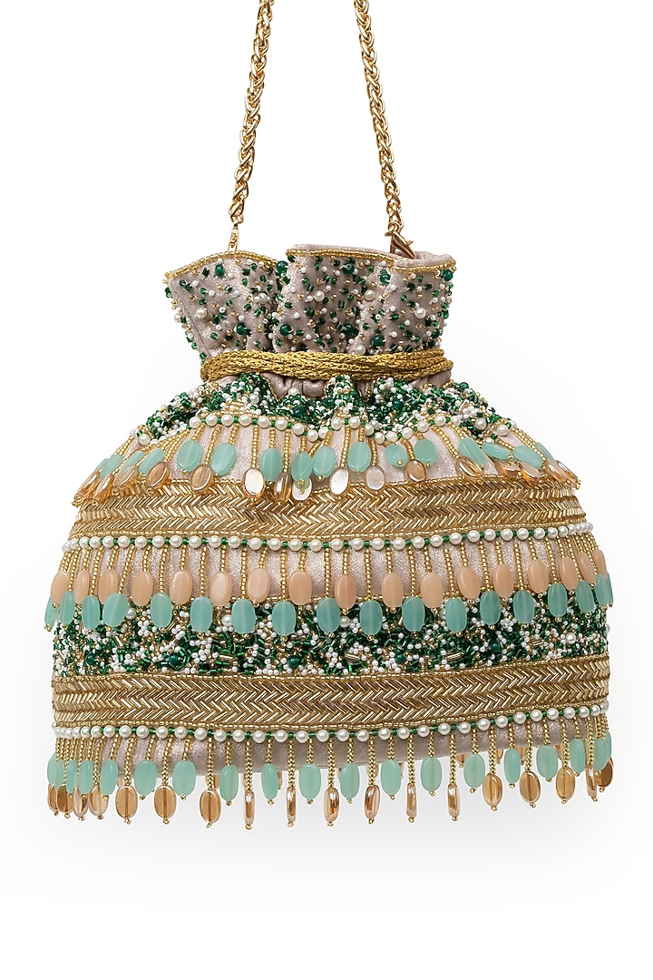 Gold Soft Velvet & Silk Zardosi Thread Work Handcrafted Potli by SG BY SONIA GULRAJANI at Pernia's Pop Up Shop