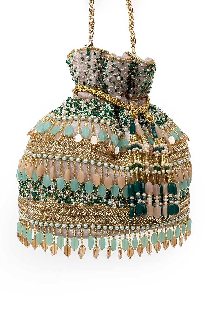Gold Soft Velvet & Silk Zardosi Thread Work Handcrafted Potli by SG BY SONIA GULRAJANI at Pernia's Pop Up Shop