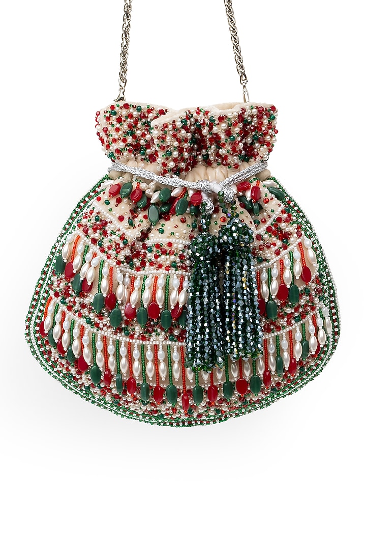 Red Velvet Beads Embellished Handcrafted Potli by SG BY SONIA GULRAJANI at Pernia's Pop Up Shop