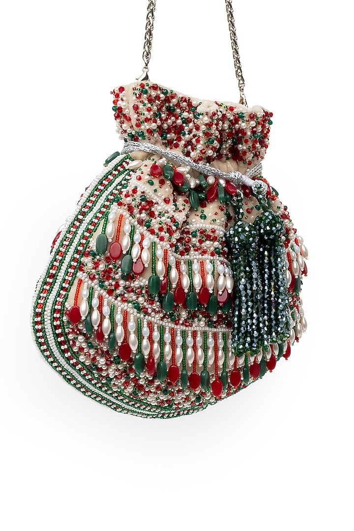 Red Velvet Beads Embellished Handcrafted Potli by SG BY SONIA GULRAJANI at Pernia's Pop Up Shop