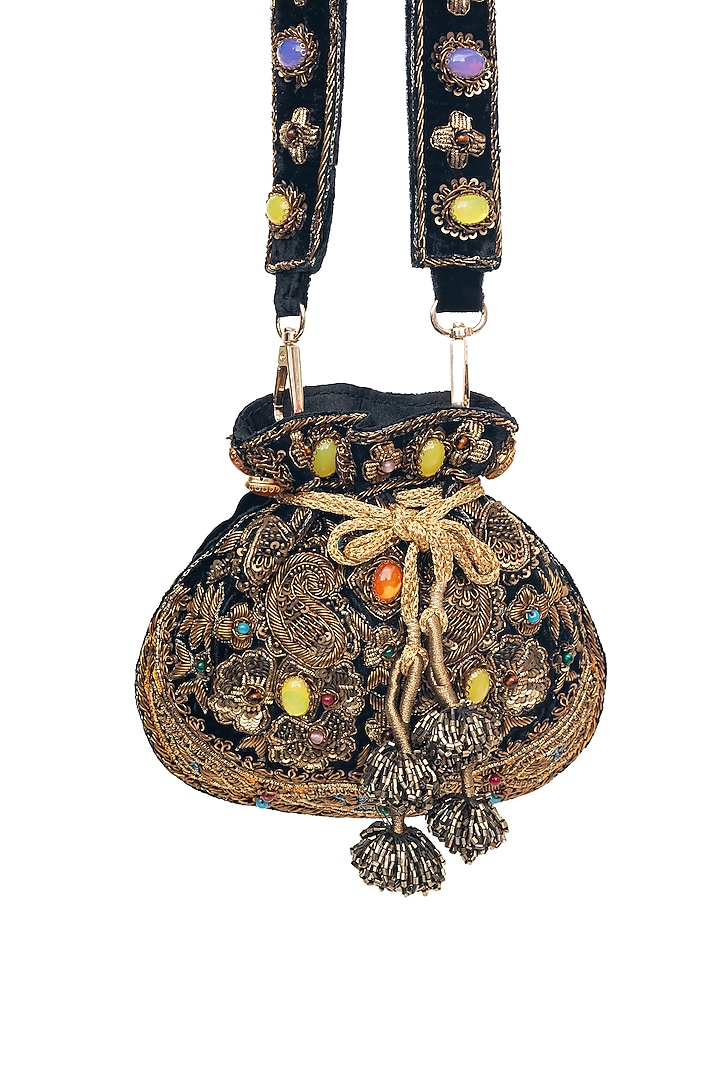 Black Velvet Zardosi Embroidered Handcrafted Potli by SG BY SONIA GULRAJANI at Pernia's Pop Up Shop
