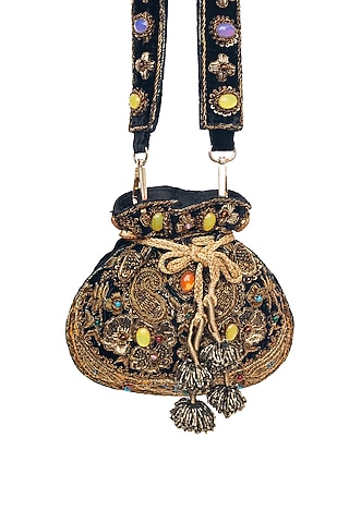Black Velvet Zardosi Embroidered Handcrafted Potli by SG BY SONIA GULRAJANI