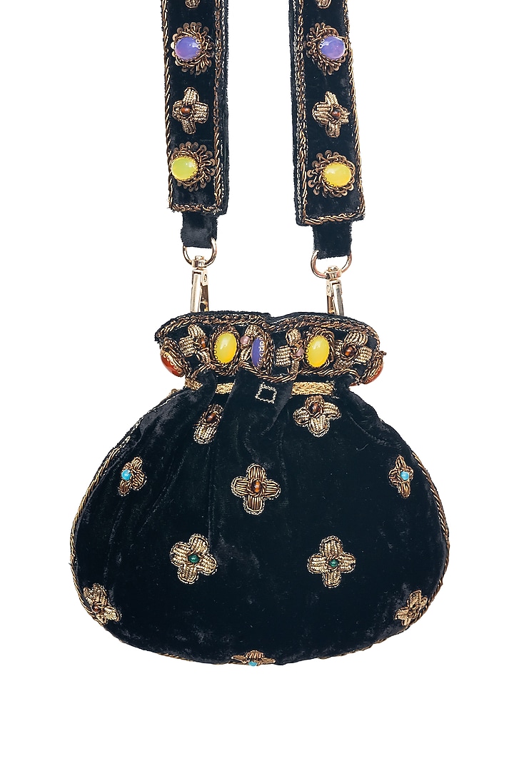Black Velvet Zardosi Embroidered Handcrafted Potli by SG BY SONIA GULRAJANI at Pernia's Pop Up Shop