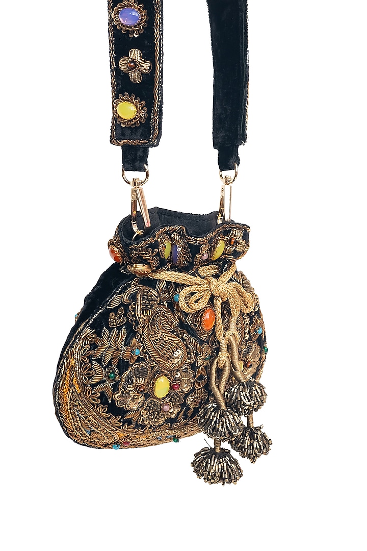 Black Velvet Zardosi Embroidered Handcrafted Potli by SG BY SONIA GULRAJANI at Pernia's Pop Up Shop