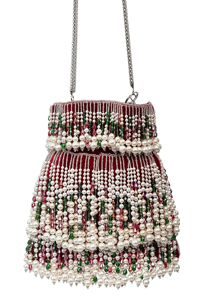 Red Pearl Embellished Handcrafted Potli by SG BY SONIA GULRAJANI