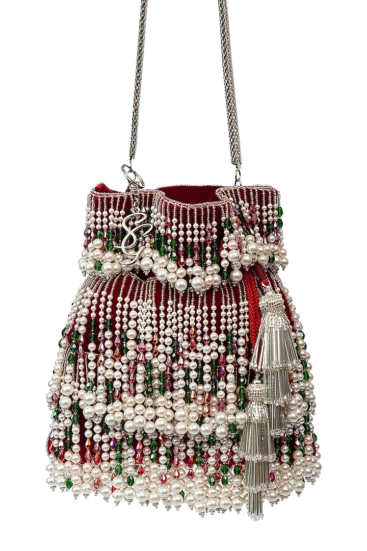 Red Pearl Embellished Handcrafted Potli by SG BY SONIA GULRAJANI at Pernia's Pop Up Shop