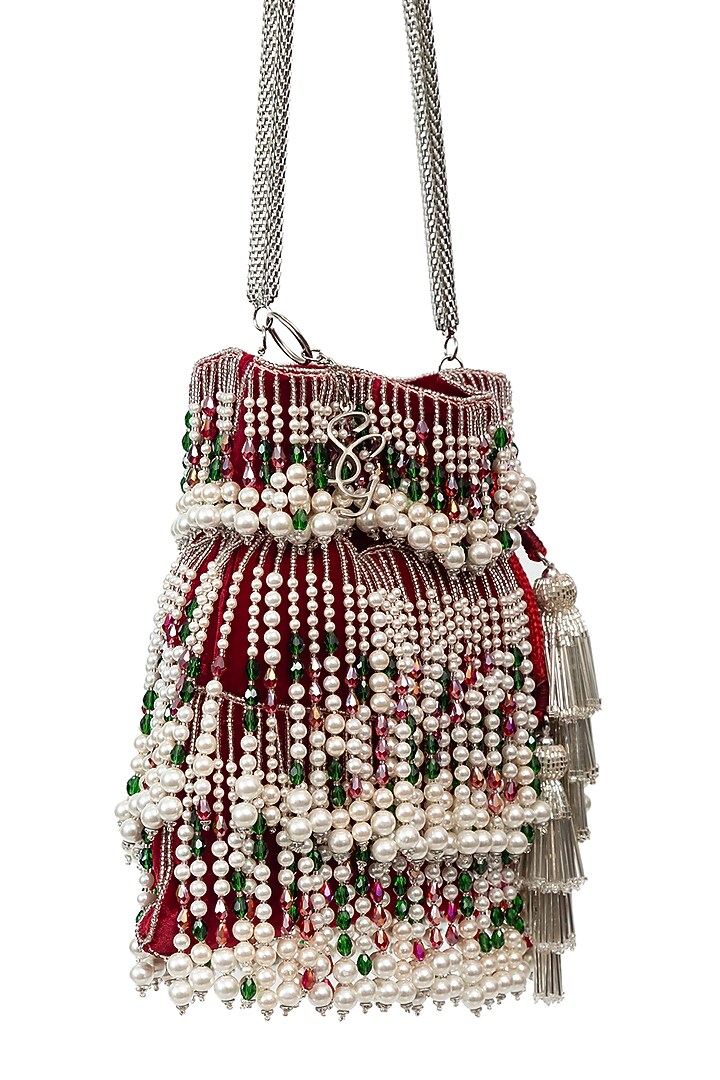 Red Pearl Embellished Handcrafted Potli by SG BY SONIA GULRAJANI at Pernia's Pop Up Shop
