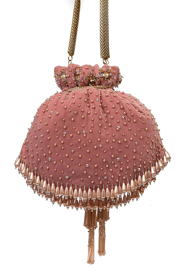 Pink Velvet Pearl Embellished Handcrafted Potli by SG BY SONIA GULRAJANI at Pernia's Pop Up Shop