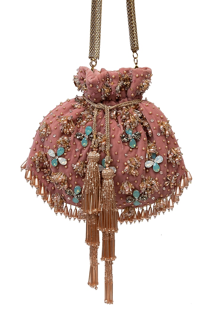 Pink Velvet Pearl Embellished Handcrafted Potli by SG BY SONIA GULRAJANI at Pernia's Pop Up Shop