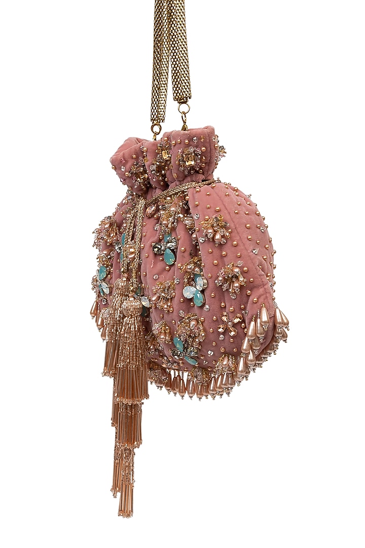 Pink Velvet Pearl Embellished Handcrafted Potli by SG BY SONIA GULRAJANI at Pernia's Pop Up Shop