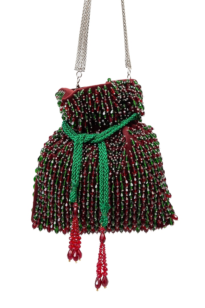Green & Red Embellished Handcrafted Potli by SG BY SONIA GULRAJANI at Pernia's Pop Up Shop