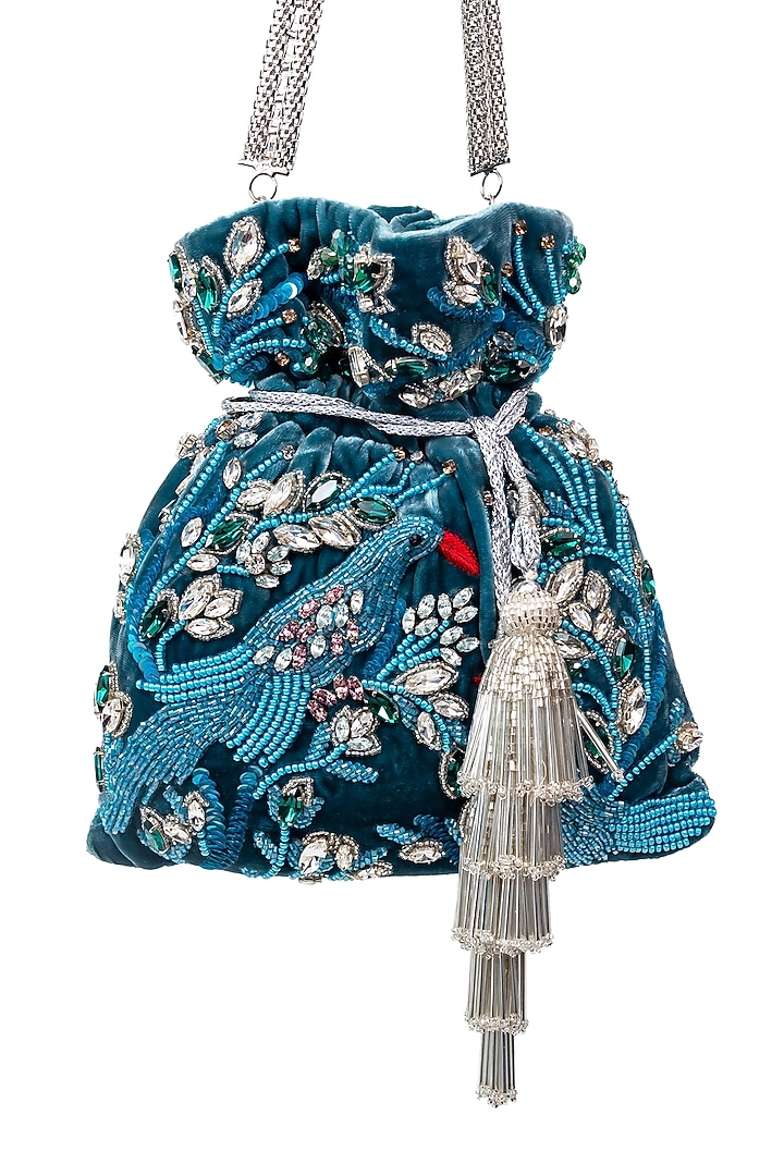 Blue Floral Embroidered Potli by SG BY SONIA GULRAJANI at Pernia's Pop Up Shop