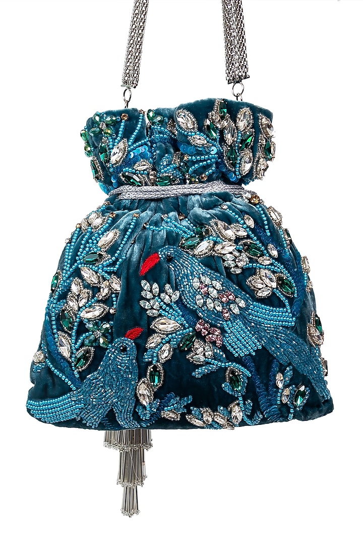 Blue Floral Embroidered Potli by SG BY SONIA GULRAJANI at Pernia's Pop Up Shop