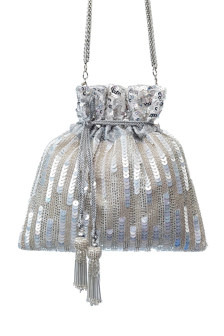Silver Velvet Embroidered Potli by SG BY SONIA GULRAJANI at Pernia's Pop Up Shop