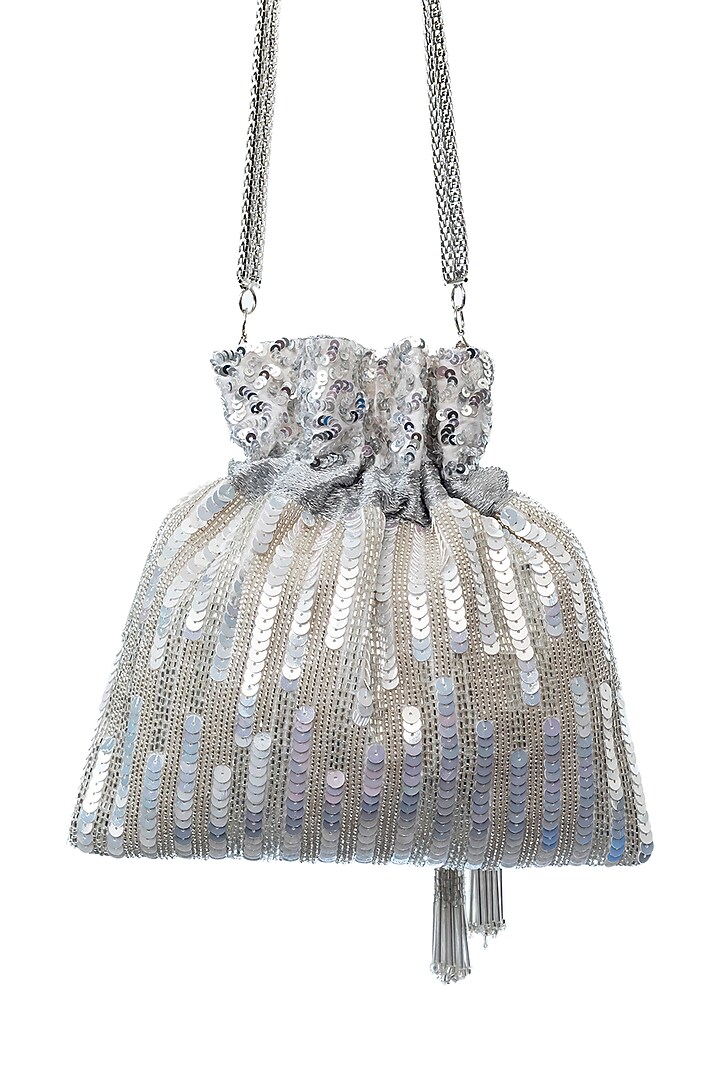 Silver Velvet Embroidered Potli by SG BY SONIA GULRAJANI at Pernia's Pop Up Shop