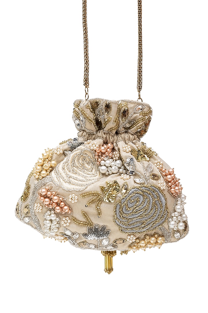 Beige Embroidered Potli by SG BY SONIA GULRAJANI at Pernia's Pop Up Shop