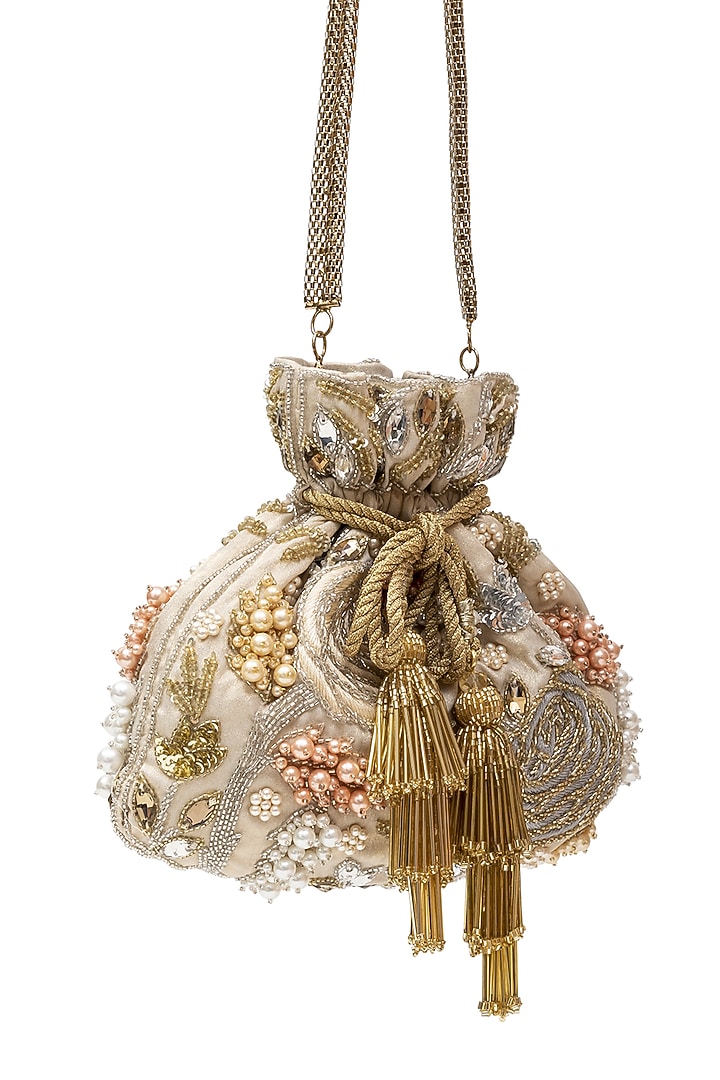 Beige Embroidered Potli by SG BY SONIA GULRAJANI at Pernia's Pop Up Shop