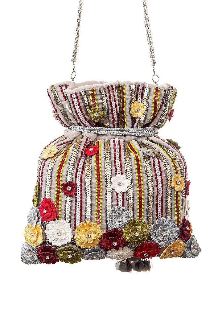 Grey Raw Silk Handcrafted Potli by SG BY SONIA GULRAJANI at Pernia's Pop Up Shop