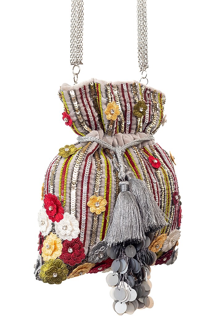 Grey Raw Silk Handcrafted Potli by SG BY SONIA GULRAJANI at Pernia's Pop Up Shop