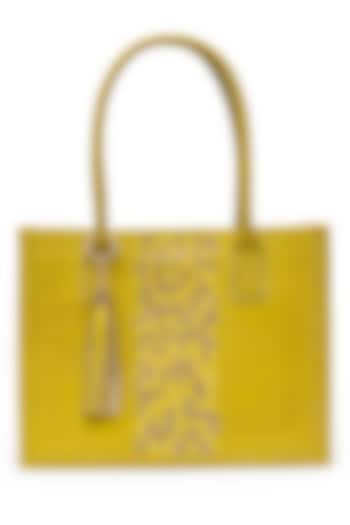 Ochre Yellow Textured Leather Tote Bag by SG BY SONIA GULRAJANI